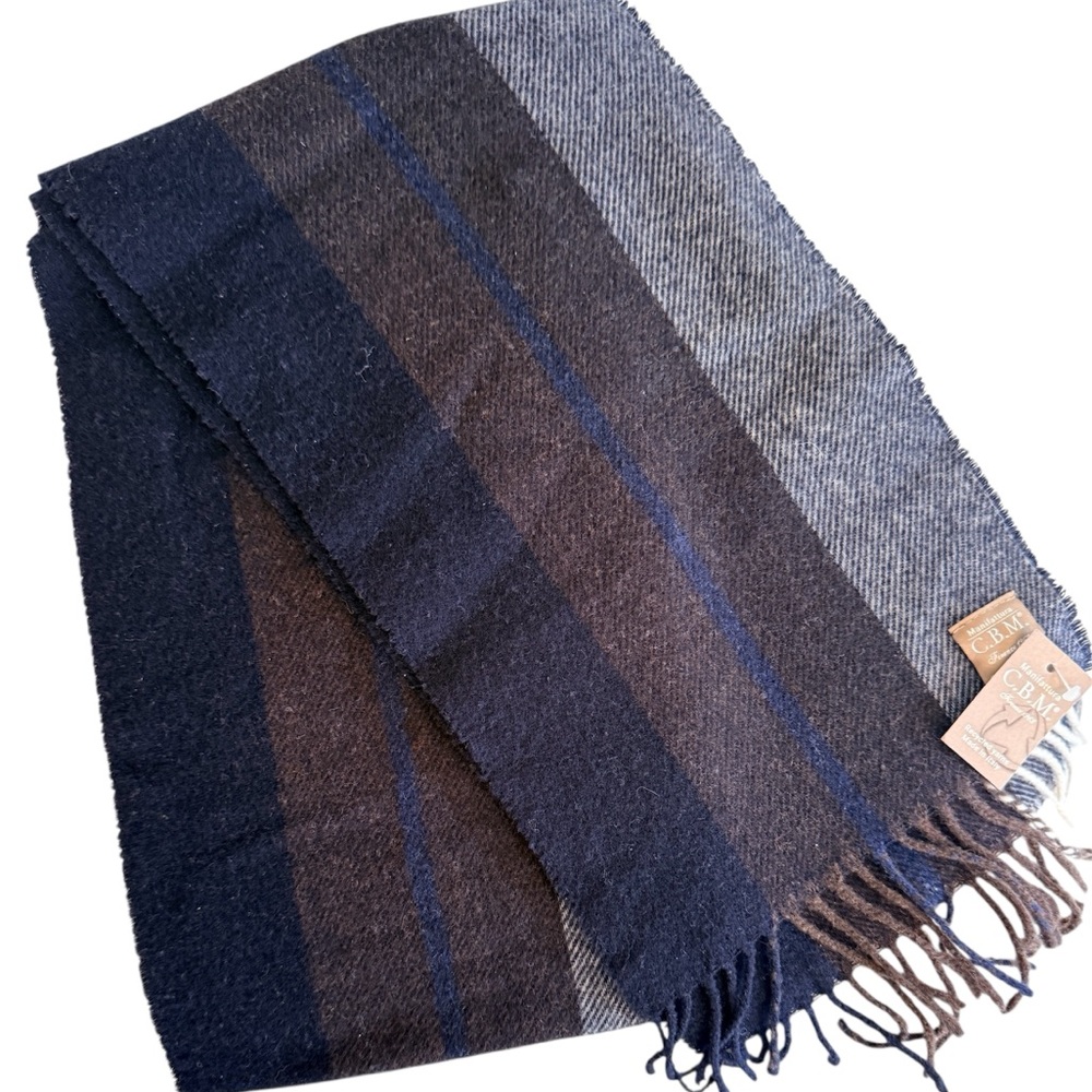 Made in Italy 80% Wool 20% Cashmere Striped Fringe Scarf Navy Brown Gray NWT